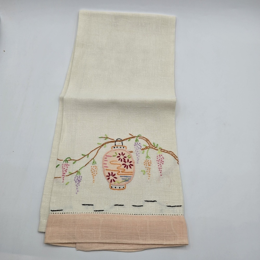 Vintage Embroidered Hand Tea Towel Japanese Lantern Cottagecore‎